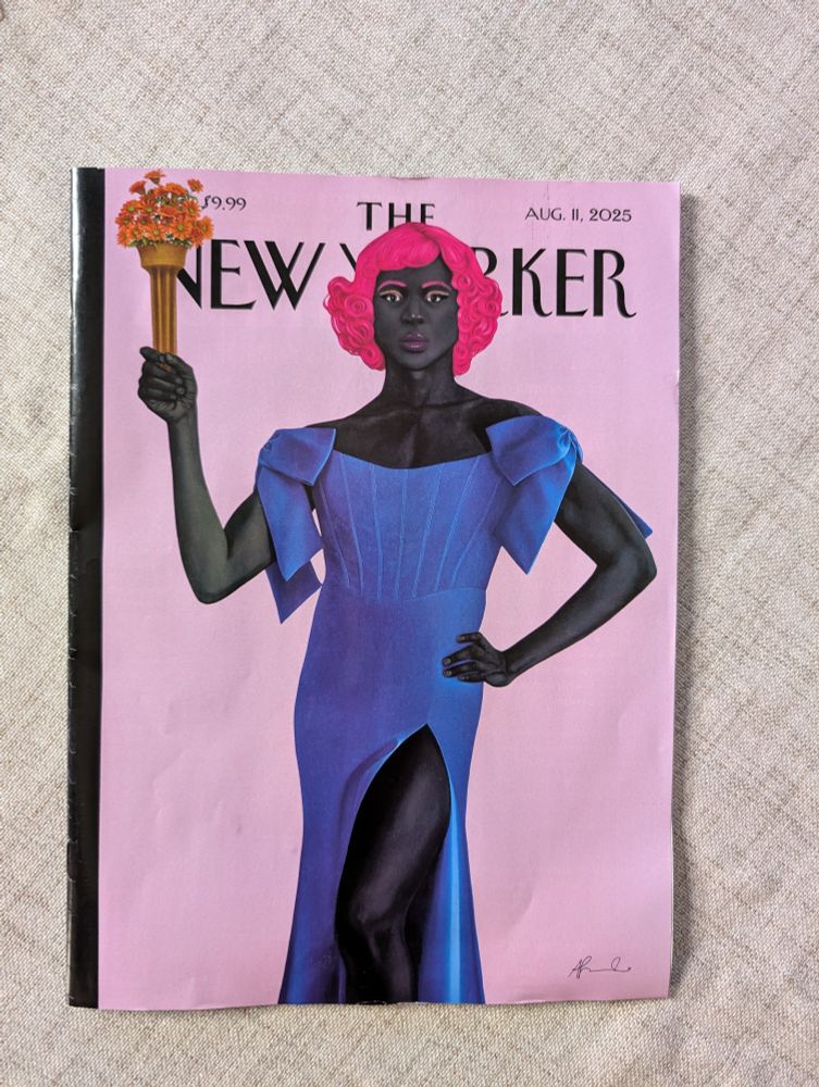 Image of the cover of the August 8, 2025, issue of the New Yorker magazine featuring a painting by Amy Sherald. The painting is of a Black trans woman posing in the style of the Statue of Liberty. She has red hair, wears a blue dress, and the torch she carries is topped with orange flowers.