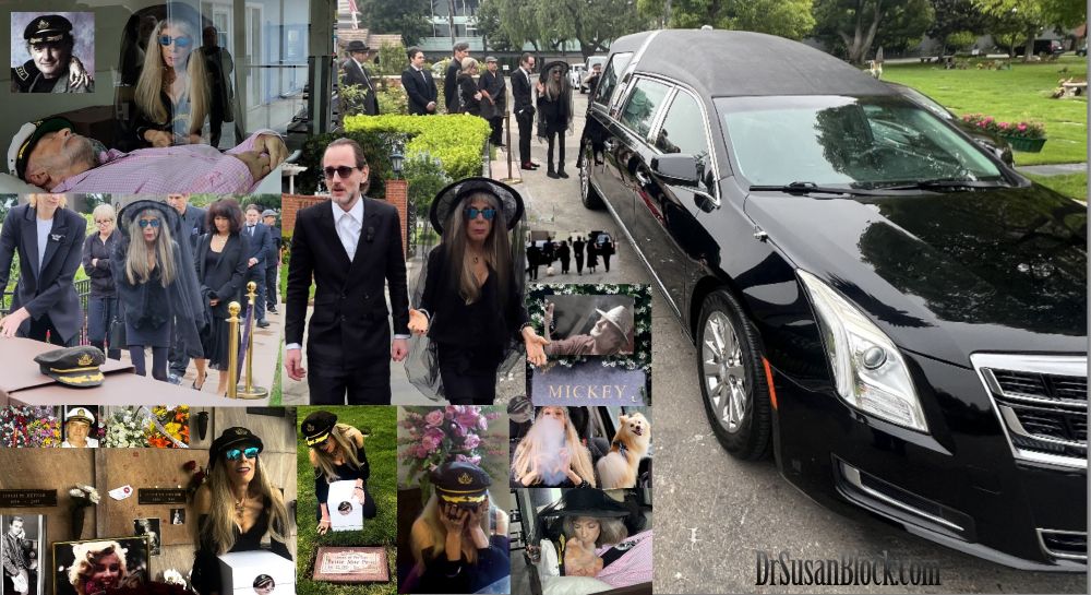 Photo Collage from the Funeral Procession of Pr. Maximillian R. Leblovic Lobkowicz di Filangieri, aka Capt'n Max, with his wife, Dr. Susan Block, aka Dr. Suzy, stopping at the crypt of Marilyn Monroe and the grave of Betty Page, plus "Sitting Shiva with Shiva" and Chico the Pomeranian Power Pup.