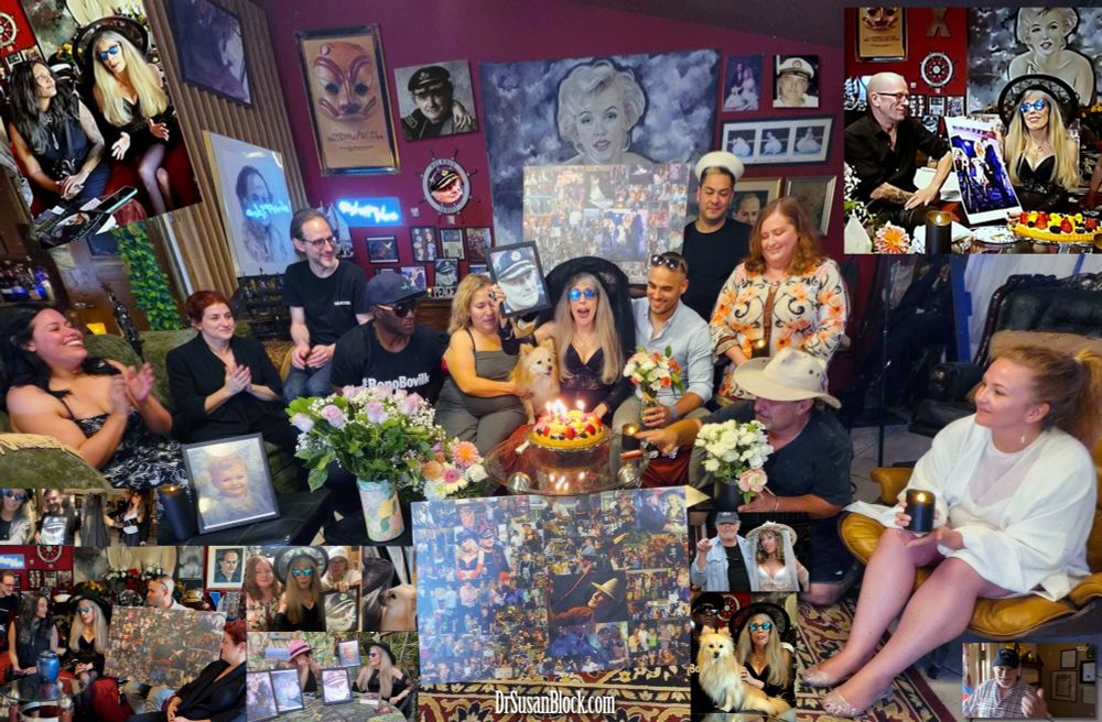 Everyone - even Chico the Spitz-Pomeranian Power Puppy - joins in the wistful but joyful celebration of Dr. Susan Block's birthday and remembrance of the amazing Capt'n Max, surrounded by Dr. Suzy's collages of their great life together.