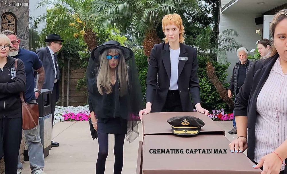 Dr. Susan Block, aka Dr. Suzy, walks with the Funeral Process of her husband of 33 years, Captain Max, aka Prince Maximillian R. Leblovic Lobkowicz di Filangieri, at the Pierce Brothers Westwood Village Cemetery.