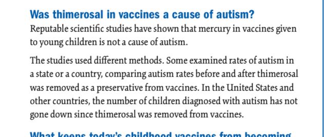 A paragraph in an official FDA published document that says mercury & Thimerosal do not cause Autisim. 