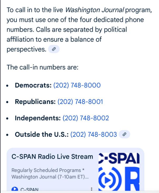 Call in numbers: (302)748-8000
(302)748-8001
(302)748-8002
(302)748-8003

Call speaker Johnson and ask about the Epstein files. 