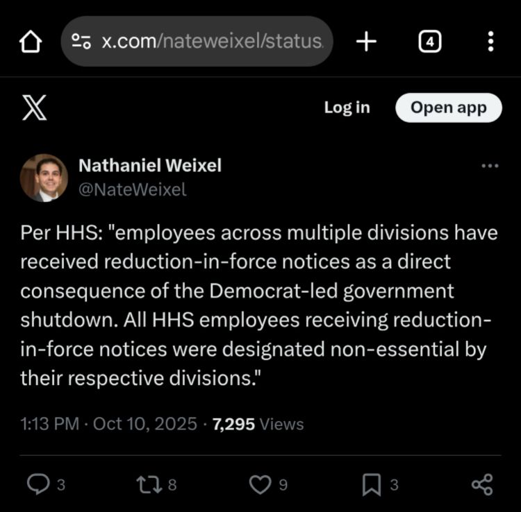 Twitter post saying that the RIF’s have started in the HHS