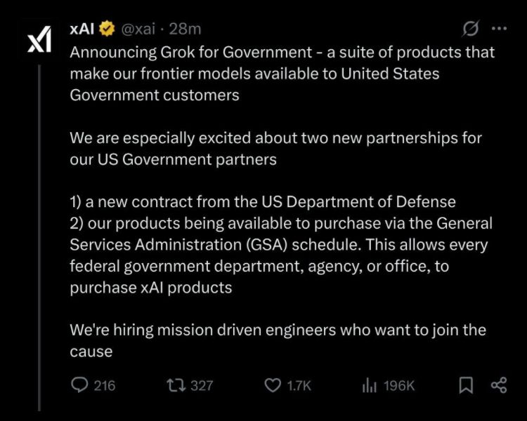 Posted on stupid twitter, Grock says it’s now doing Gov. work Nd is looking for devs. 