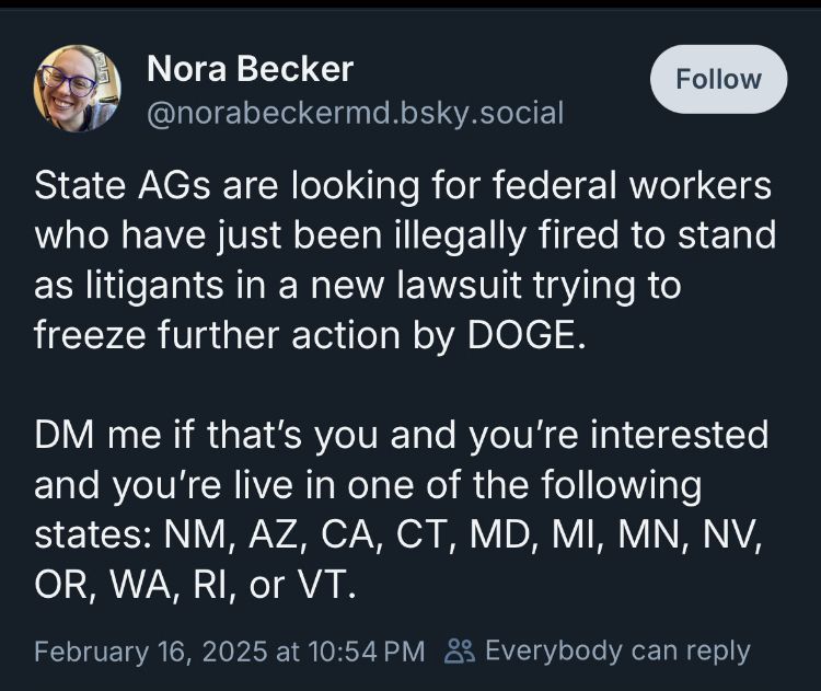 Ag in states looking for RIFed ppl. NM, AZ, CA, MD, MI, Mm, NV, OR, WA, RI, VT
