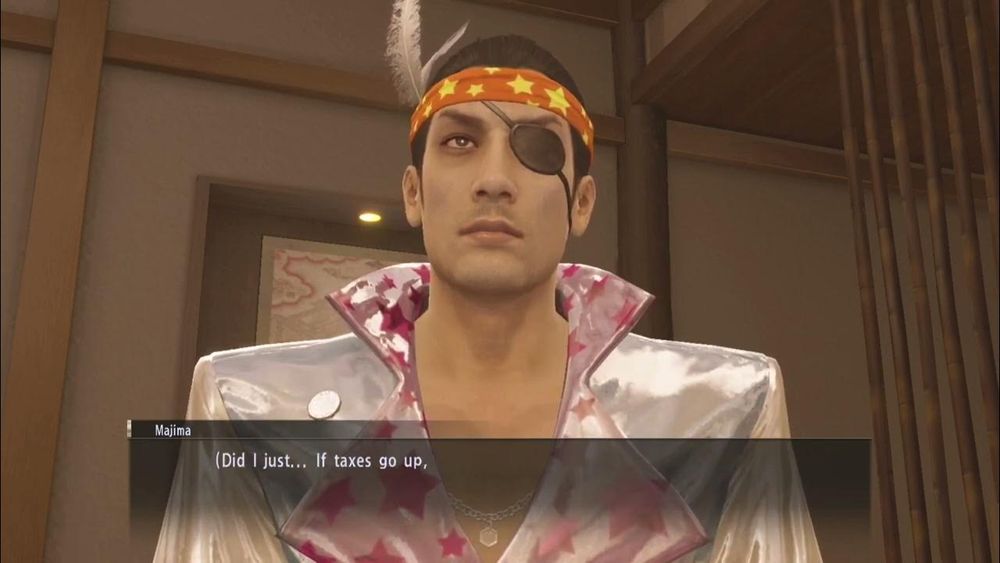 Yakuza 0: the substory where Majima invents taxes. he's saying "Did I just...if taxes go up,