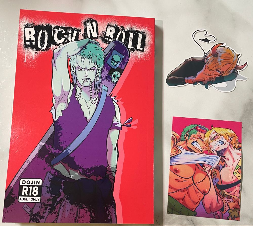 “Rock N Roll” zosan Dojin, Sanji devil sticker, and zosan photocard by Azraelart on bsky