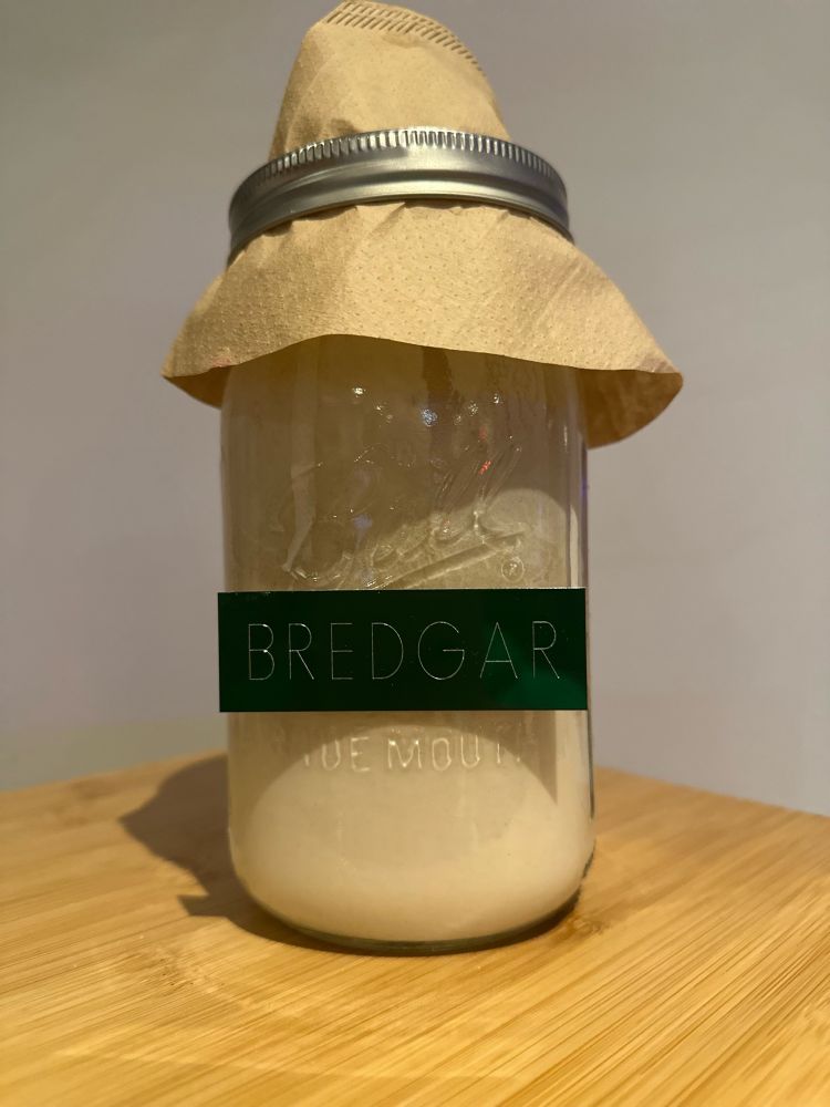 A mason jar with San Francisco style sourdough starter in it, and a green aluminum etched name plate that says Bredgar on it