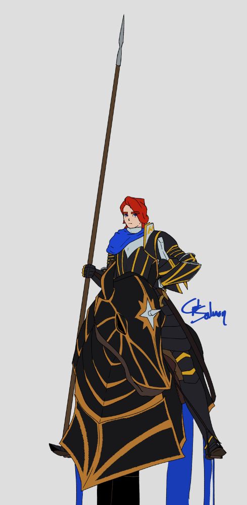 A red haired knight in black and gold armour on horseback. In one hand, he holds a lance. In the other, his helmet.

The horse wears armour in a similar pattern