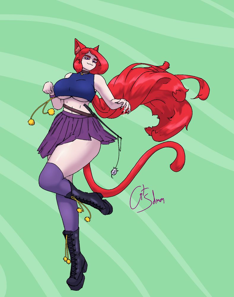 Damika as a catgirl. She has a sparkle of mischief in her eyes and a sparkle of danger on her claws