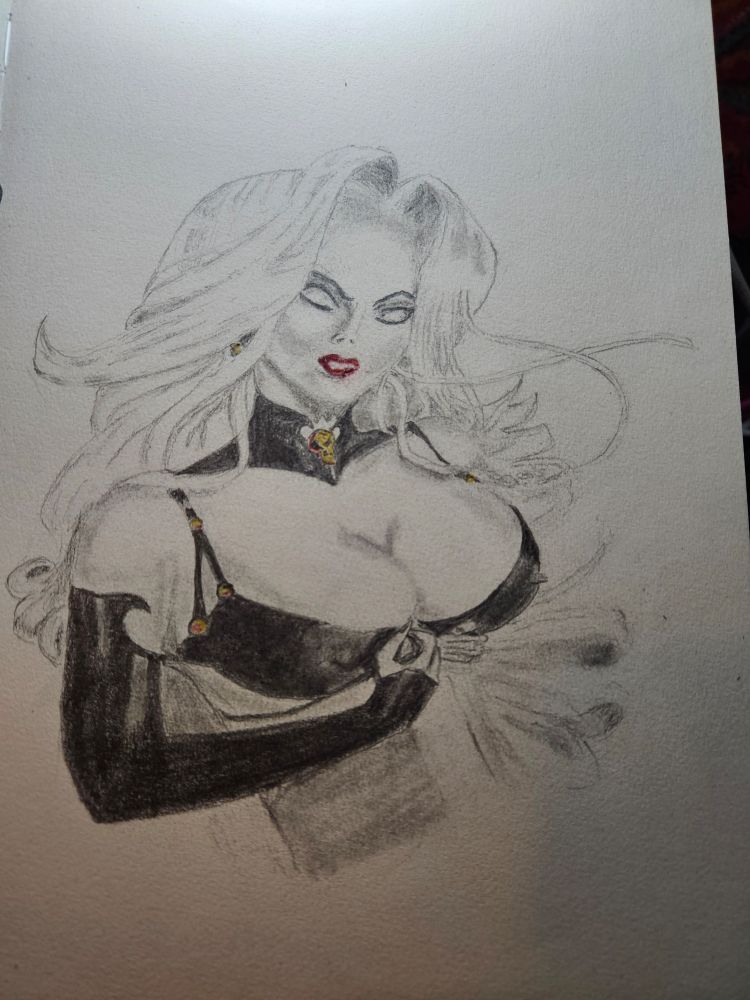 Black and white drawing of comic character Lady Death