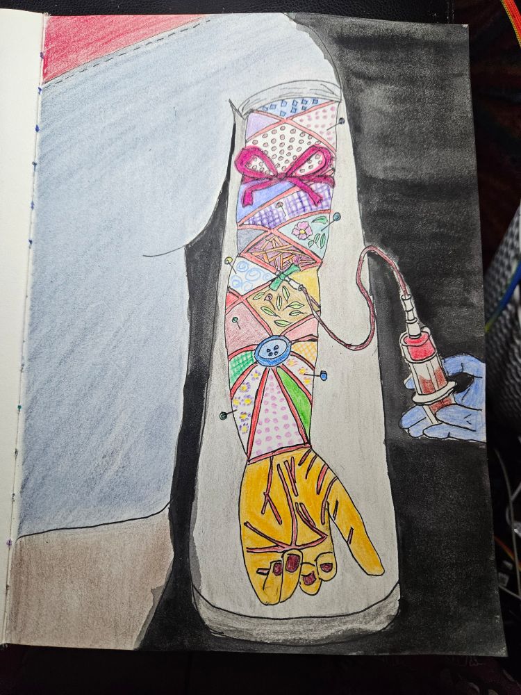 An arm getting a bloodtest, styled as a pincushion with a ribbon tourniquet. 