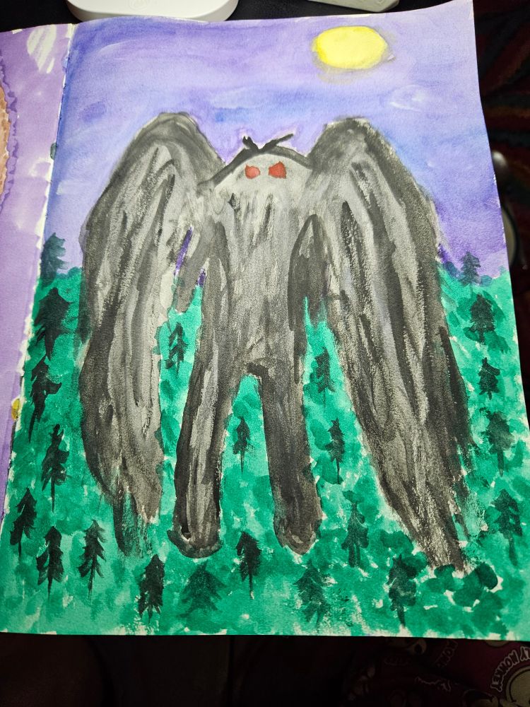 Mothman above a forest in the night sky with a golden moon. 