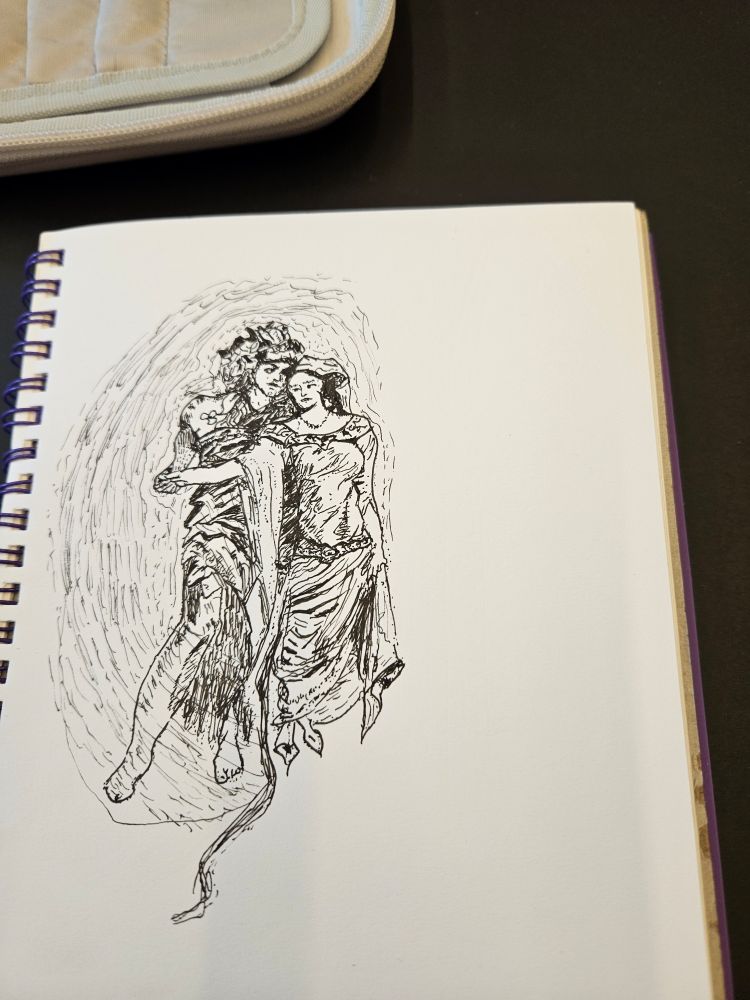 Felt tip pen drawing of the Spirit of the Tweed River. 