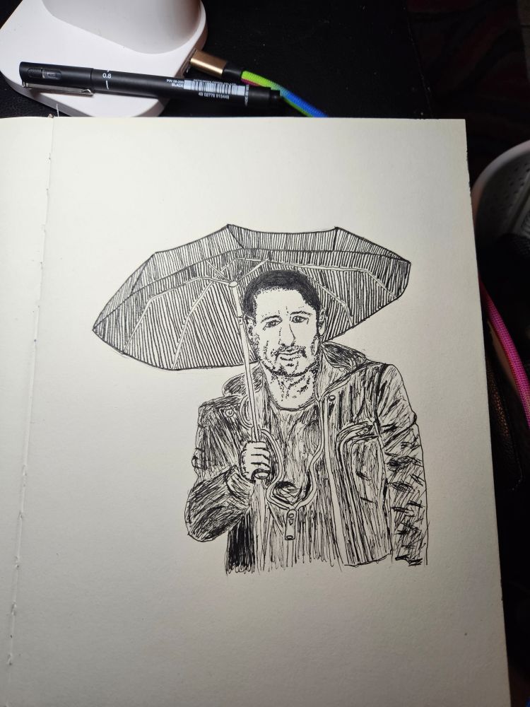 Black and white ink drawing of Trent Reznor holding an umbrella. 