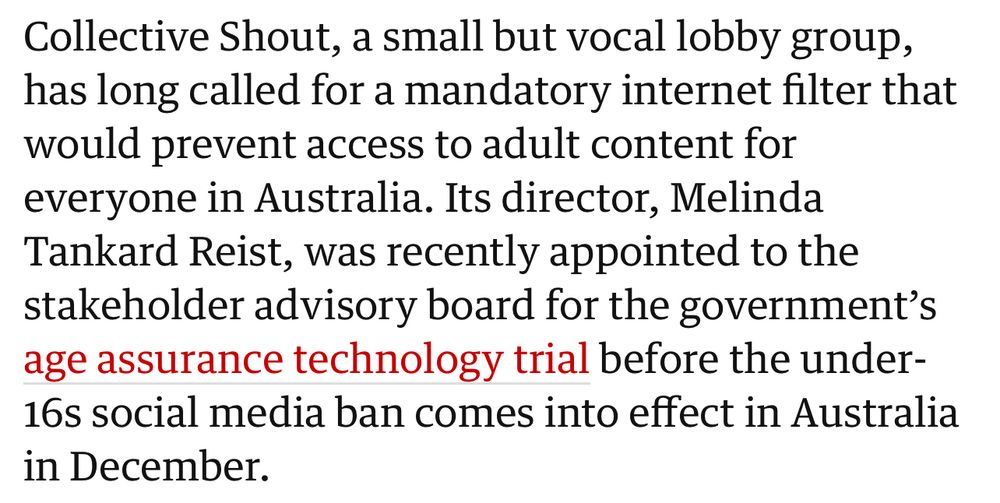 Collective Shout, a small but vocal lobby group, has long called for a mandatory internet filter that would prevent access to adult content for everyone in Australia. Its director, Melinda Tankard Reist, was recently appointed to the stakeholder advisory board for the government's age assurance technology trial before the under-16s social media ban comes into effect in Australia in December.