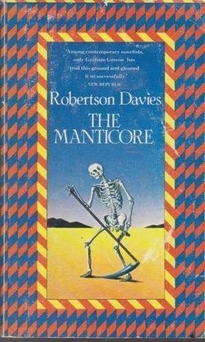 Cover of paperback of The Manticore. On a background of blue and brown zigzag horizontal lines there is a rectangular frame of red and yellow. The picture inside the frame shows a skeletal Death wielding his scythe on a bare yellow desert, with author, title etc in white type on the deep blue sky 
