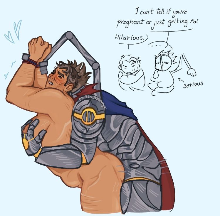 digital drawing of ..vikjayce sex! machine herald mounting jayce :-) with a doodle on the side

Dialogue:
Viktor: "I can't tell if you're pregnant or just getting fat."
Jayce: "Hilarious."
(Little arrow pointing to Viktor with text that says "Serious.")