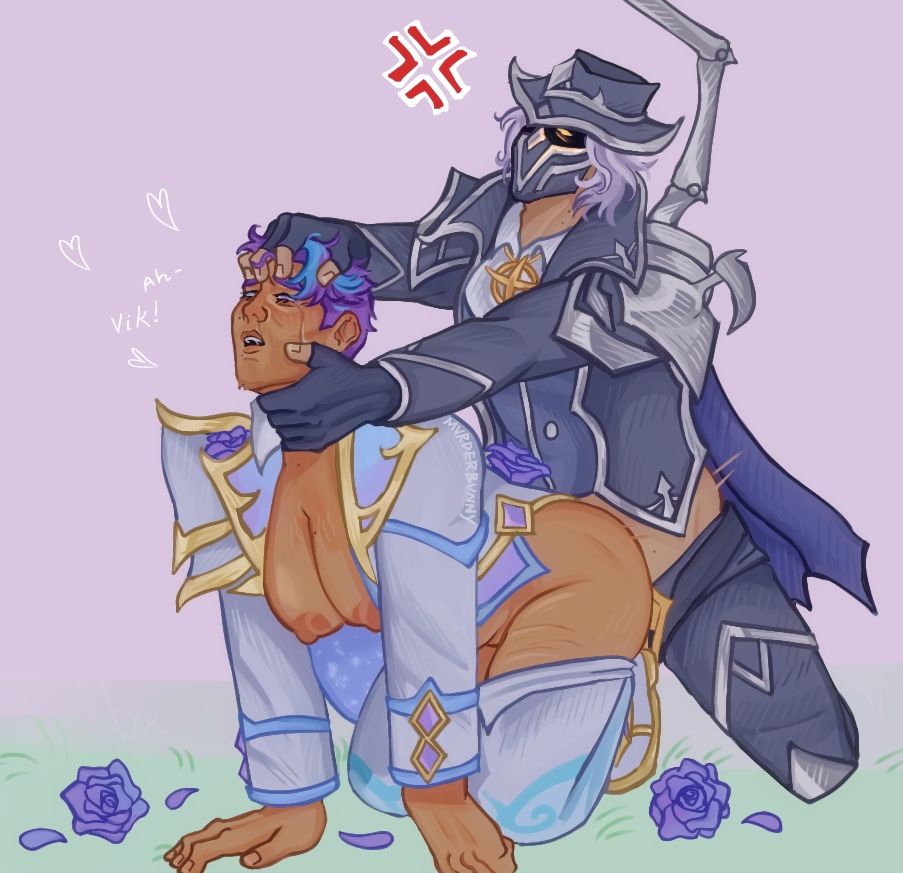 digital drawing of high noon viktor fucking crystal rose jayce with roses and petals around them :3 viktor is grabbing jayce's throat and head with each hand pretty passionately!