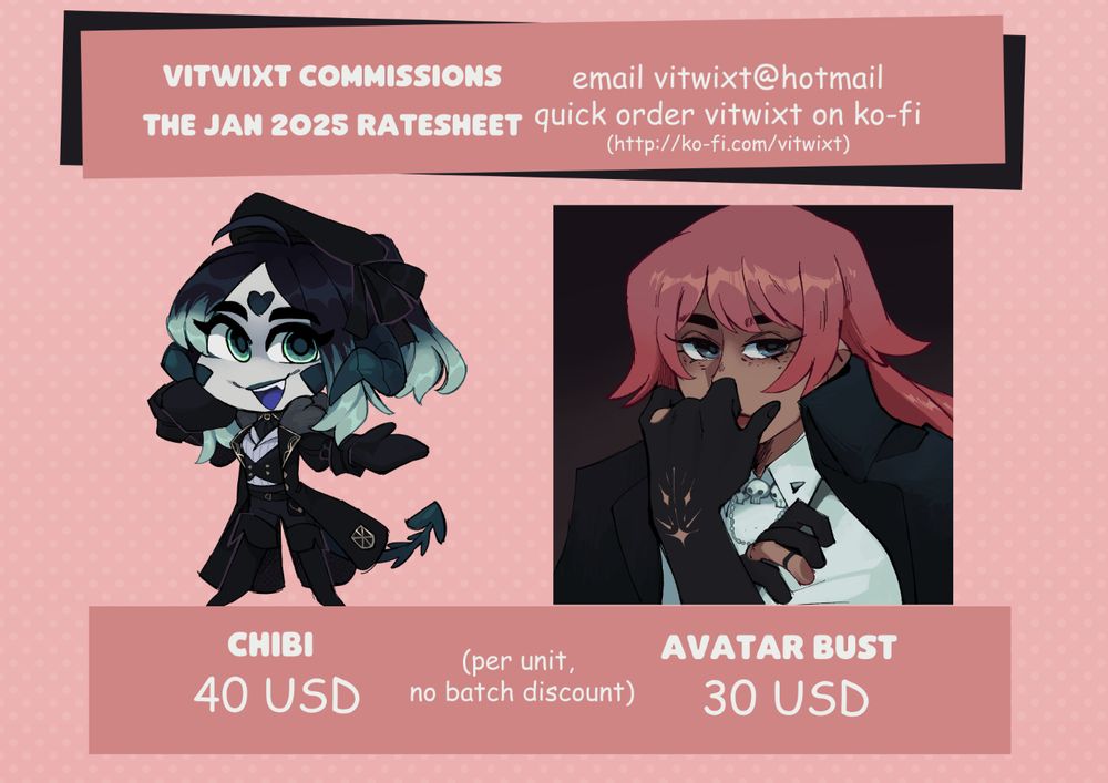 a part of the artist's commission offerings, along with email and ko-fi addresses listed. (vitwixt@hotmail, vitwixt on ko-fi) with example images for the chibi and avatar bust options. (For actual price listings check the ko-fi in the post.)