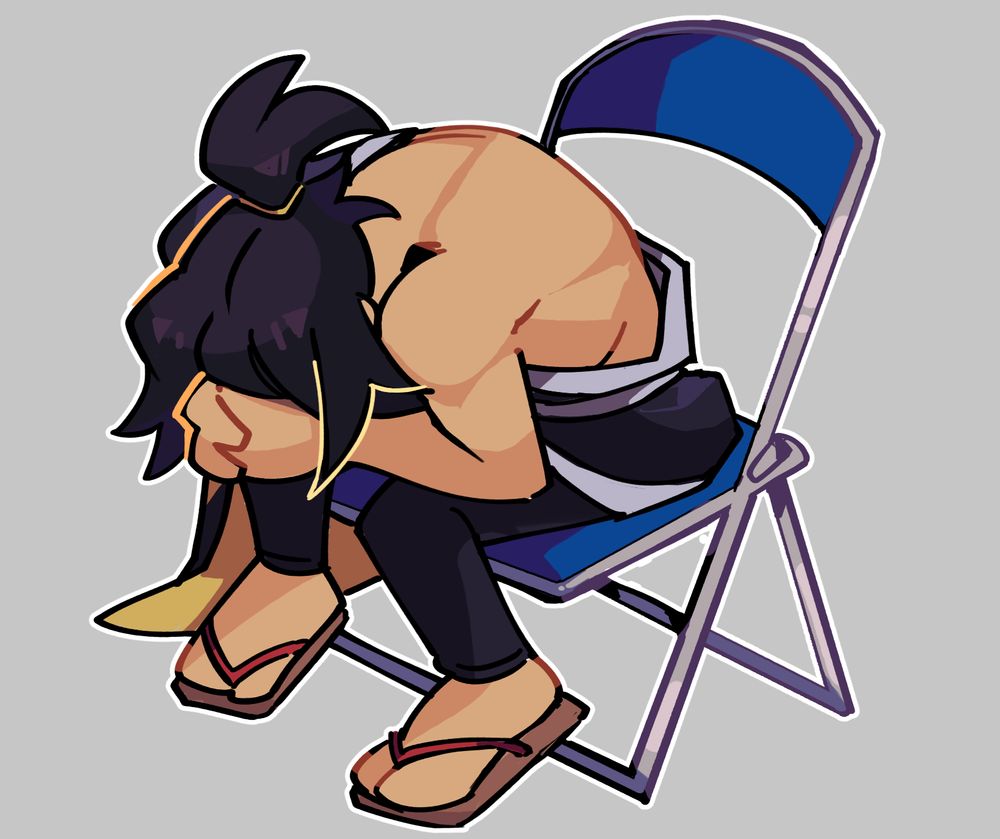 a redraw of the keyframe of shinji from neon genesis evangelion curled over in a folding chair in a moment of despair, however it's Zero Katana Zero doing the pose. 