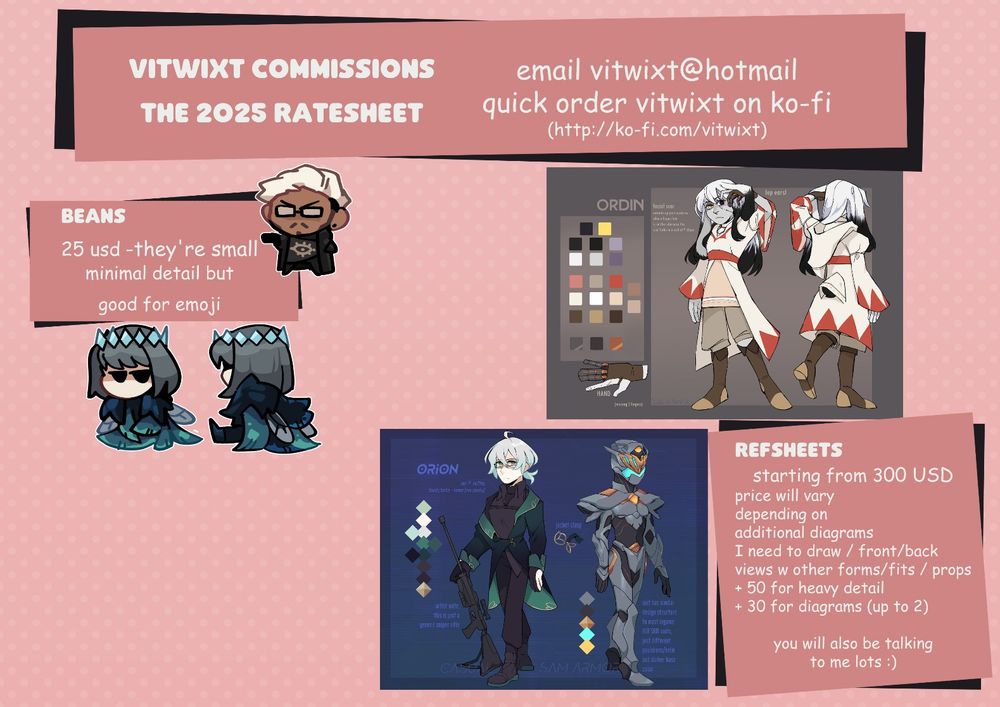 a part of the artist's commission offerings, along with email and ko-fi addresses listed. (vitwixt@hotmail, vitwixt on ko-fi) with example images for the bean and refsheet options. (For actual price listings check the ko-fi in the first post.)