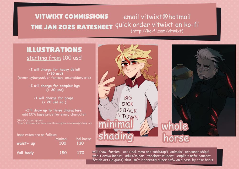 commission information for the artist, this time for examples for illustrations, as well as artist boundaries. (Check the ko-fi in the link for rates, it's a lot of information to put in alt text)
