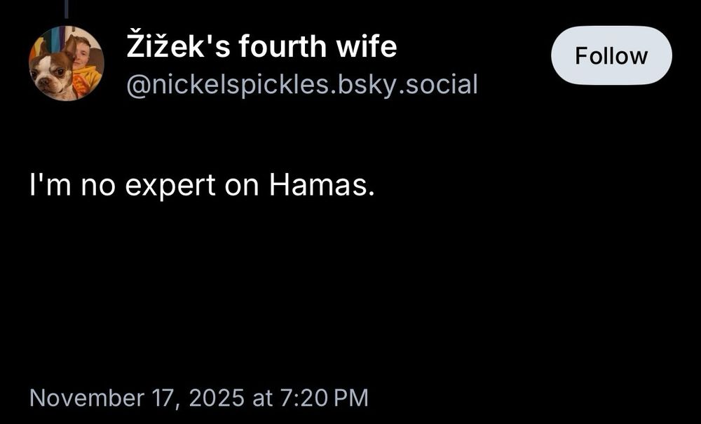 Zizek's fourth wife @nickelspickles.bsky.social
I'm no expert on Hamas.
November 17, 2025 at 7:20 PM
Follow