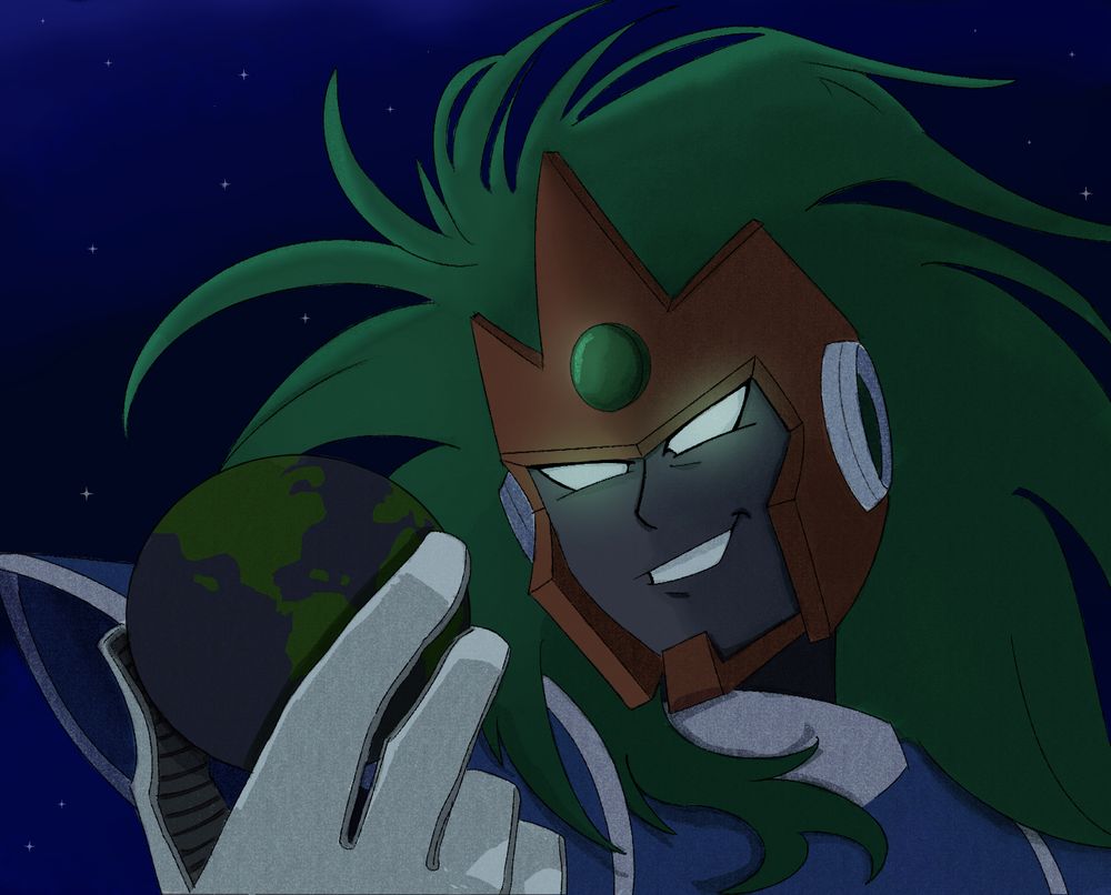Terra, grinning as he's holding planet Earth between his fingers. His eyes and gemstone that's embedded on his crown are glowing a faint green. 