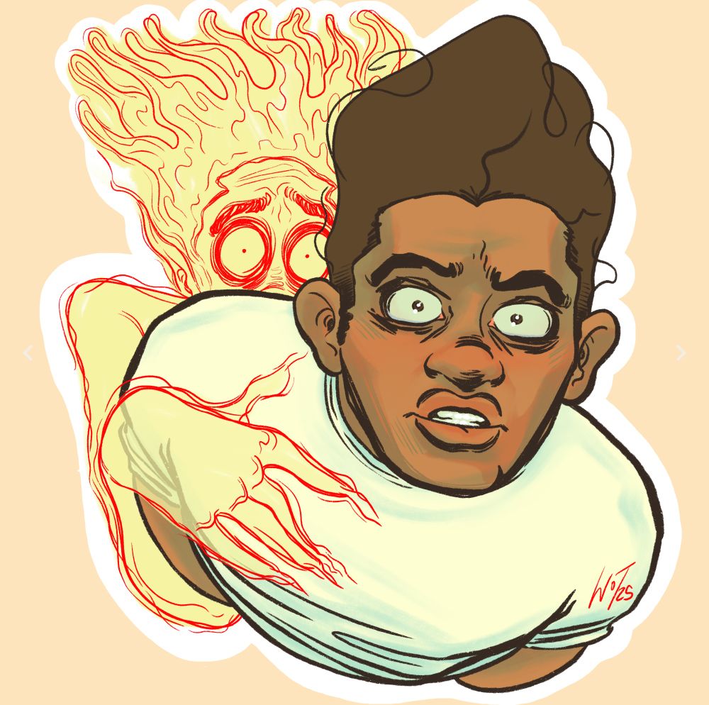 drawing of my character Ax being haunted by his Anxiety Monster