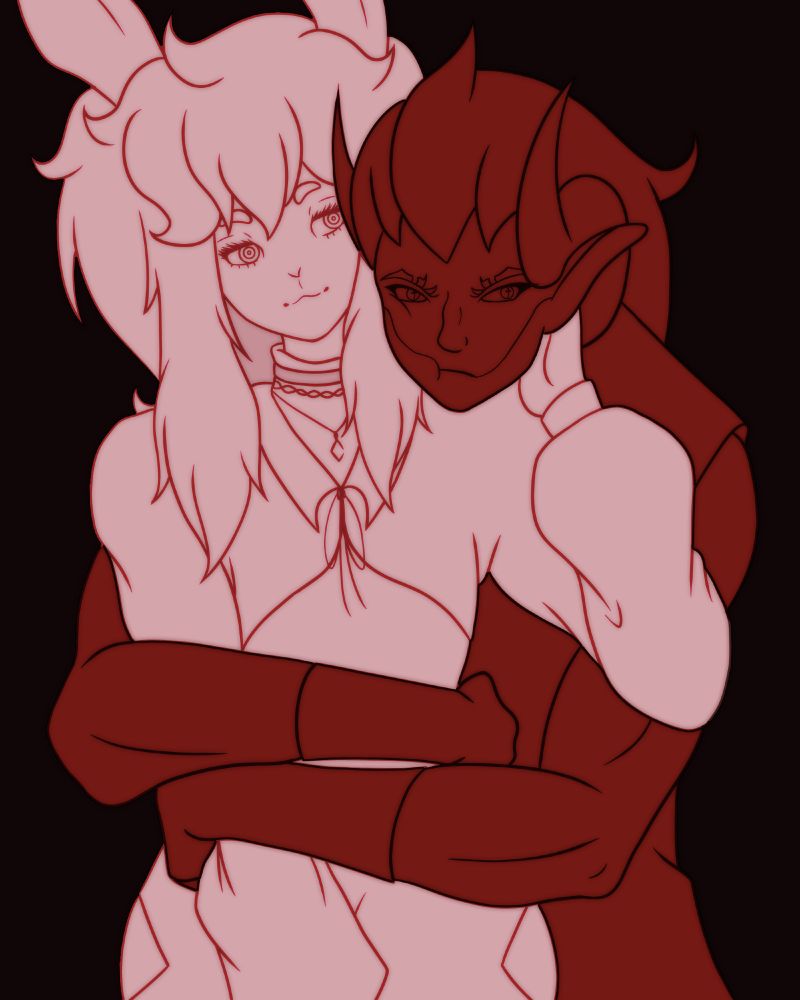 Cain hugs Mir from behind while Mir scratches Cain behind the ear. Cain's glaring at someone off-camera, but Mir just looks happy to be held.