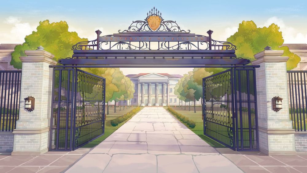 A breathtaking view of an opened set of large iron gates with brick pillars to either sides. Atop the gate, which has patterns of swirls, reads "University of Elysium" and is topped with a golden crest. 
A stone path, lined on either side with a row of bushes and trees, leads your eyes beyond the open gate to a grandiose university. The sun has just risen, lighting up the blue sky with a tinge of warmth.