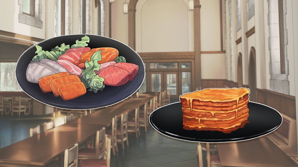 Art of a delicious plate of sashimi and a plate of lasagna. The background is a finished rendering of a cafeteria with morning sunlight coming in through the windows.