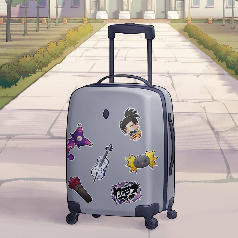 A grey hard case suitcase sits on a stone brick path. The luggage has several stickers each as a reference to one of the tempus boys!