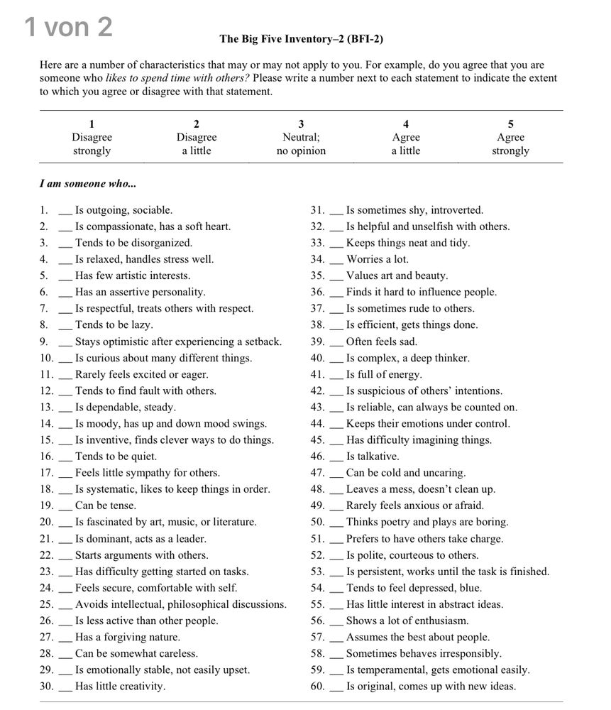 Screenshot of the BFI 2 questionnaire