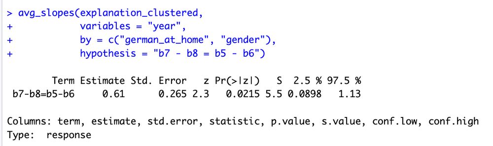 Output from the average slopes function in the R package marginaleffects. Here, the hypothesis is tested that the difference between two coefficients equals the difference between two other coefficients.
