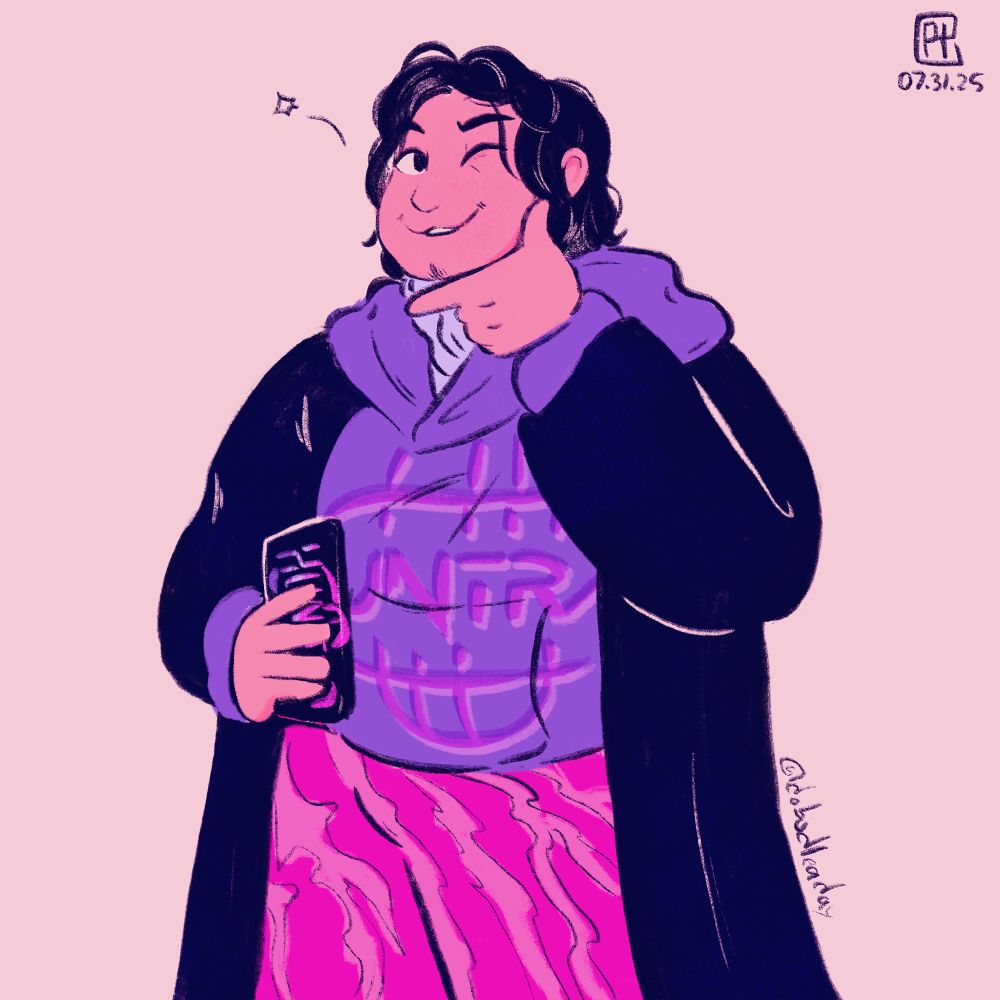 Bobby from Kpop Demon hunters wearing a dark robe and hot pink HUNTR/X merch