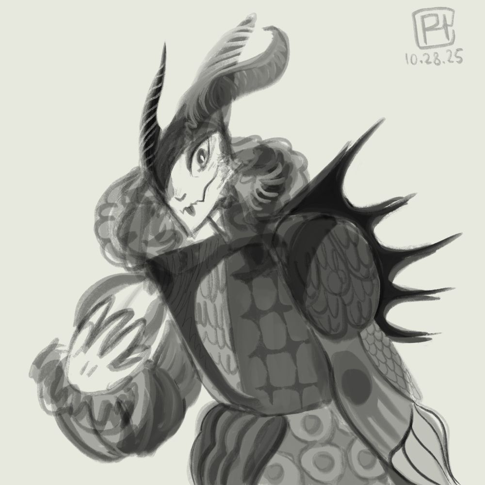 Grey scale picture of a woman wearing a curved horned helmet, puffy, patterned clothes, and spiked cape