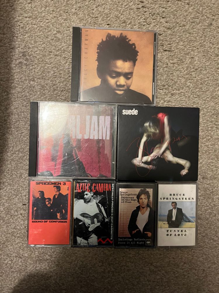 Tracy Chapman’s self-titled debut, Pearl Jam’s Ten, and Suede’s Bloodsports on CD. Spacemen 3’s Sound Of Confusion, a live Aztec Camera recording, and Bruce Springsteen’s Darkness On The Edge Of Town and Tunnel Of Love on cassette 