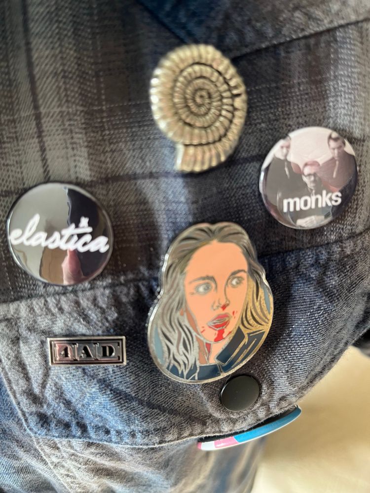 Badges for Nicola Griffith’s Ammonite, Isabelle Adjani as Anna from Possession, Elastica, Monks and 4AD on a plaid shirt 