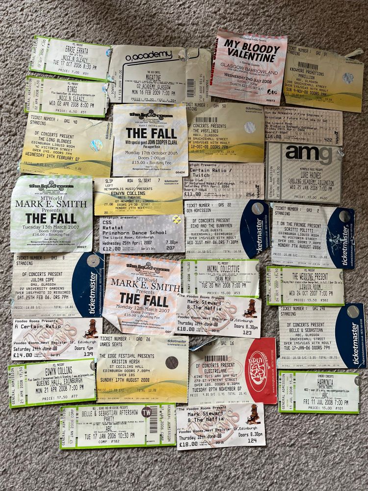 Ticket stubs from bands I went to see while I was at uni mostly