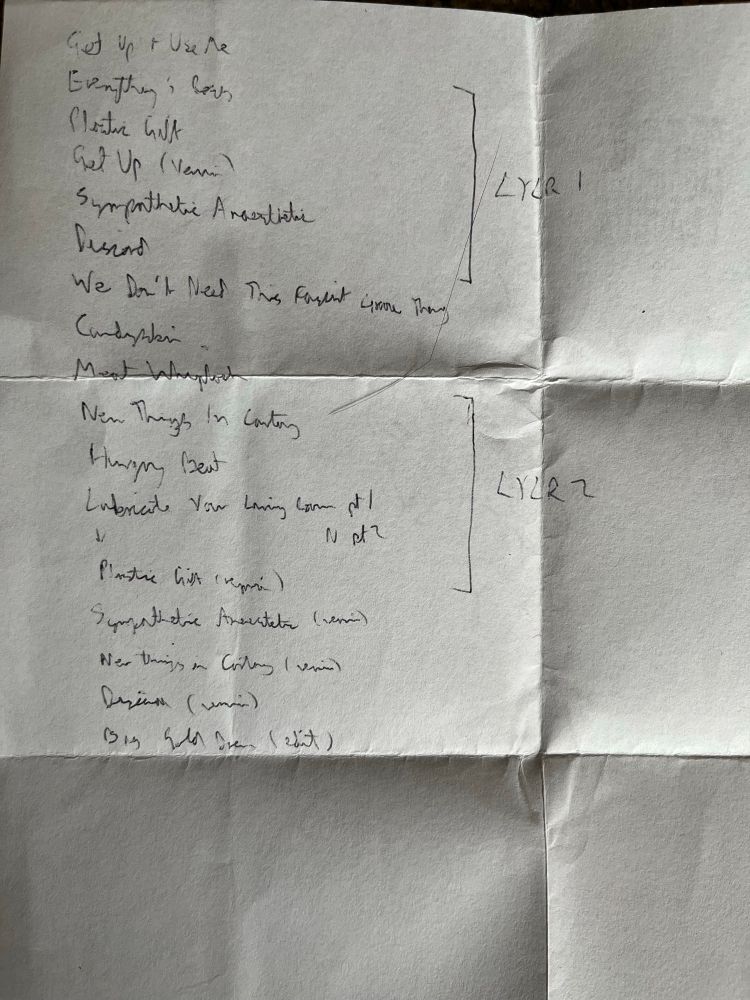 Hand-written track list of the Fire Engines’ Fond, where I’ve tried to work out where all the tracks come from