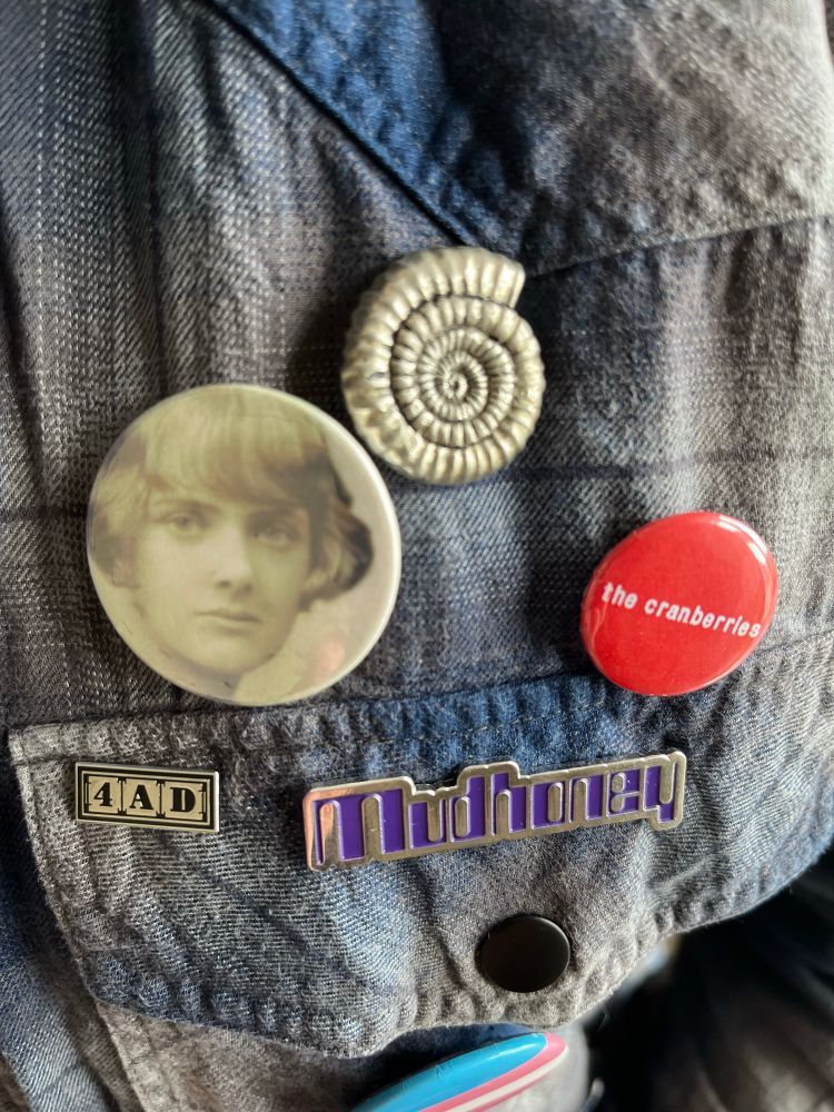 Badges for Nicola Griffith’s Ammonite, Daphne Du Maurier, The Cranberries, Mudhoney and 4AD on a plaid shirt