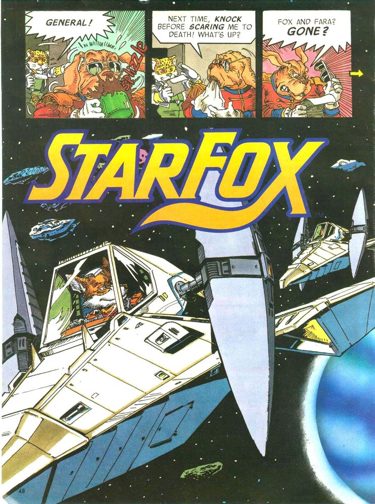 A page from the StarFox comic that appeared in Nintendo Power magazine. Fox is piloting his arwing while Pepper gets a surprise.