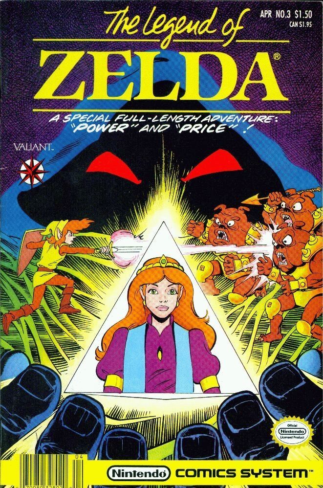 Nintendo Comics System - Legend of Zelda comic cover. Zelda is trapped in a pyramid crystal (although she seems perfectly ok with it) while Link faces off against (what I guess are) some Moblins.