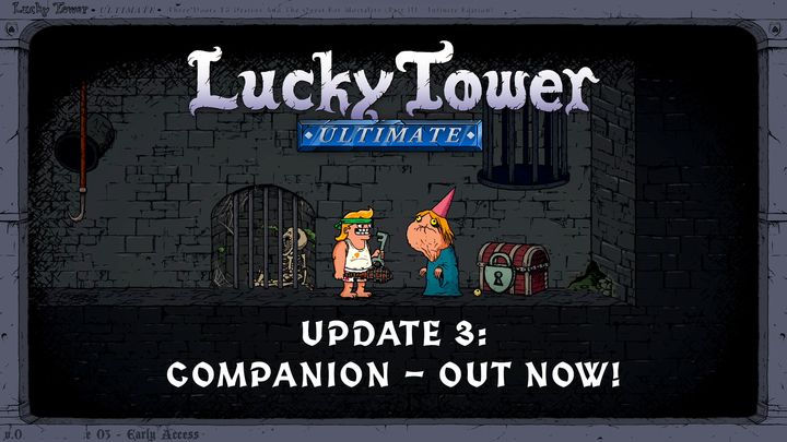 A blonde man with a green headband is holding a wrench while in a white tank top and shorts. He looks at another blonde man in a blue robe and red triangluar hat who stands behind a locked treasure chest. They're in a dark dungeon.