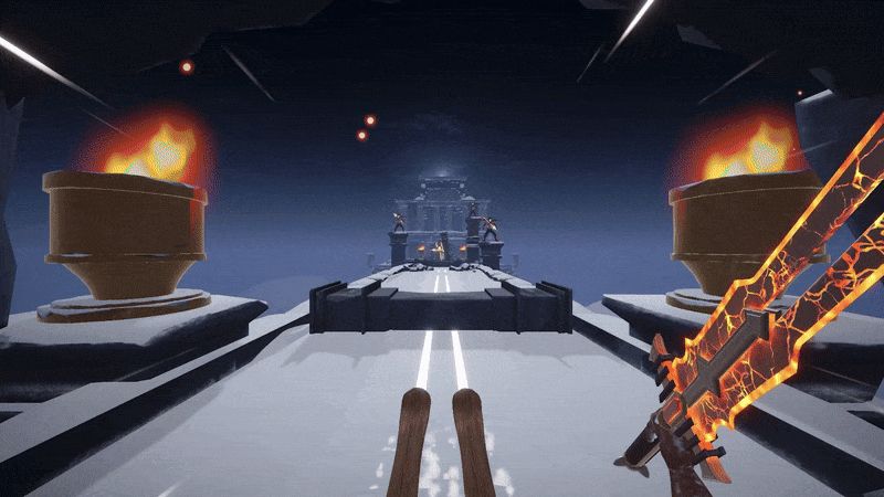 1st person pov of a skiier striking down skeletal enemies with an orange sword