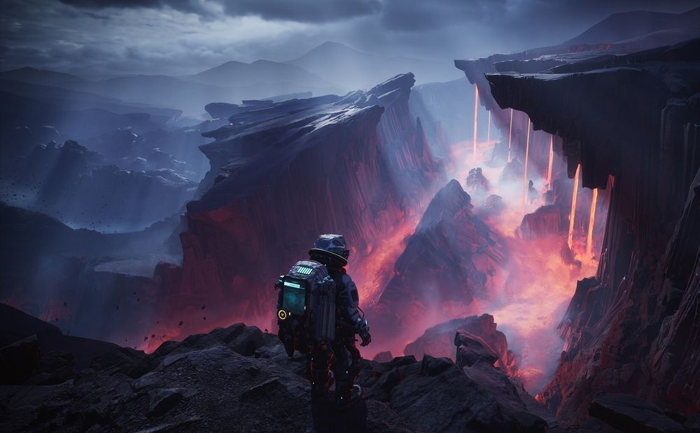 A person in a metal suit looks out to a broken, lava filled, wasteland