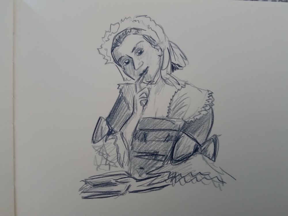 Mit blauem buntstift gezeichnete Frau mit Haube und Spitzenkleid, sie hat einen Finger an die Lippen gelegt und hält in der anderen Hand ein Buch 