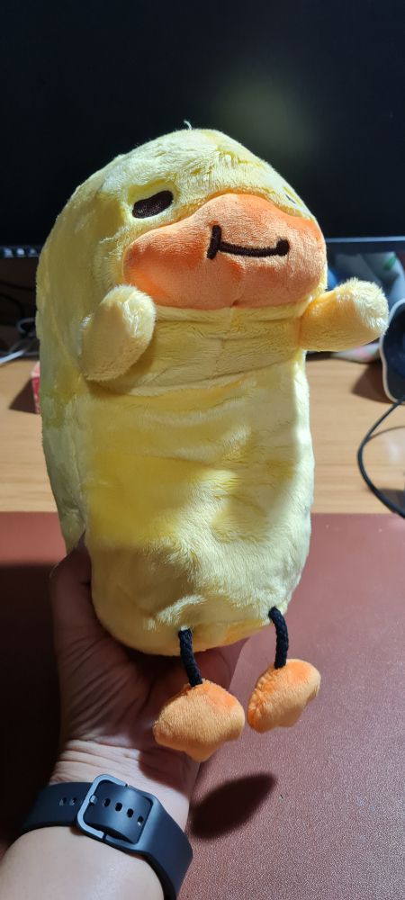 A hand holding a yellow duck with orange bill posture corrector plushie in all its dangly-legged glory. 
